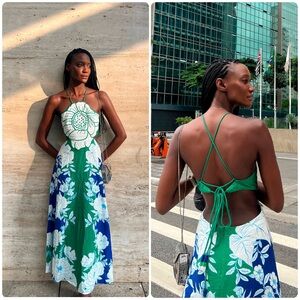 Farm Rio Soft Garden Flower Maxi Dress Blue Green Size XS